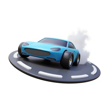 A car drifting around a corner with its tires screeching. Smoke billowing from the tires creates a dramatic effect. The car is angled sharply, showcasing its speed and agility. The road is wet, adding to the realism of the drifting action. The scene captures the dynamic motion of the car, emphasizing the friction created between the tires and the asphalt.