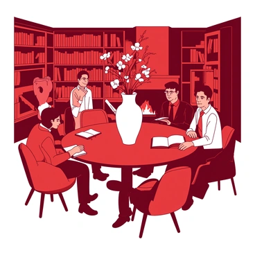 A red-lit cozy literary salon featuring a round wooden table surrounded by various poets and writers engaged in animated discussion. At the center of the table, there is a large white vase filled with fresh flowers, adding a touch of nature to the scene. "Stalin" is depicted with a thoughtful expression, seated comfortably in a plush chair, surrounded by writers who are holding books and notebooks. The walls are lined with bookshelves filled with numerous volumes, and a small white fireplace flickers softly in the background, casting a warm glow over the gathering. The atmosphere is lively yet intimate, with each individual showcasing their distinct attire and expressions of creativity.