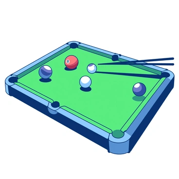 A duotone illustration features several billiard balls of various colors arranged on a green pool table. Each ball casts a long, defined shadow extending across the surface of the table. The bright overhead lights create sharp contrasts, highlighting the glossy surfaces of the balls. The shadows stretch outward dramatically, enhancing the depth and perspective of the scene. The arrangement of the balls includes the eight ball in the center, surrounded by others, each reflecting the intense lighting. The overall composition captures the elegance and precision of the game.