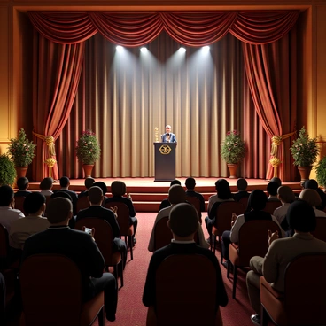 A glamorous award ceremony taking place in an elegantly decorated hall. The stage is adorned with luxurious curtains and a large podium where a presenter stands, holding a trophy. Spotlights beam down from above, illuminating the presenter and casting dramatic shadows. The audience, dressed in formal attire, is seated in plush chairs, clapping enthusiastically. Some members are smiling while others are capturing the moment on their smartphones. The atmosphere is filled with excitement and anticipation, with decorations like golden stars and elegant floral arrangements enhancing the ambiance.