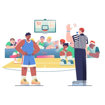 A basketball player with dark hair and a blue jersey is standing on the court looking frustrated as the referee gestures with his arm to signal a foul. The player has a focused expression on his face, and his teammates are in the background, some showing concern while others are shouting in protest. The referee, wearing a black and white striped shirt, stands confidently with a whistle in his mouth. The court is marked with bright lines, and a scoreboard displaying the current game score can be seen hanging overhead. Spectators in the stands are leaning forward, some capturing the moment on their phones, while the atmosphere is filled with tension and anticipation.