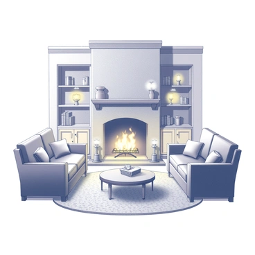 A living room featuring a crackling fireplace with visible flames and glowing embers. The fireplace is constructed of stone with a rustic mantel above it. Two large, comfortable sofas are positioned in front of the fireplace, adorned with plush cushions. A wooden coffee table sits in the center of the seating area, topped with a few books and a decorative bowl. Warm light emanates from a couple of lamps placed in the corners, enhancing the coziness of the space. Shelves filled with books and decorative items line the walls, while a patterned area rug covers the wooden floor beneath the furniture.