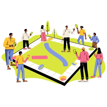 A large outdoor Monopoly board is spread out on the grass, with bright colors and distinct properties marked clearly. Community members of diverse ages and backgrounds are gathered around the board, standing and sitting on the grass. Some individuals are holding oversized playing pieces, while others are passing cards and counting play money. A few children are excitedly pointing at the board, and adults are discussing strategies. Trees and a clear blue sky are visible in the background, completing the lively scene.