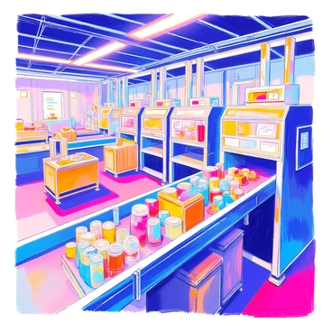A high-tech recycling facility features multiple automated sorting machines arranged in rows. Each machine is made of sleek metallic surfaces and has bright LED displays showing sorting information. The facility is filled with various items such as plastic bottles, cardboard boxes, and metal cans being processed. Large conveyor belts transport the materials towards the sorting machines, which separate them into designated bins. Overhead, bright fluorescent lights illuminate the entire space, reflecting off the shiny machinery and creating a clean, efficient environment.