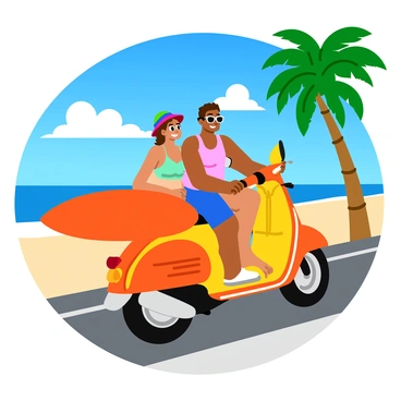 A couple riding a bright-colored moped with surfboards securely strapped to the side. The moped features a sleek design with a shiny chrome finish and a small windshield. The man is wearing sunglasses and a casual tank top, while the woman has a colorful beach hat and a light sundress. They are smiling and leaning slightly towards each other as they ride down a palm-lined road. In the background, the sky is a vivid blue with a few fluffy white clouds, and the distant sandy beach is visible. The scene captures a sense of adventure and excitement as they head to the beach.