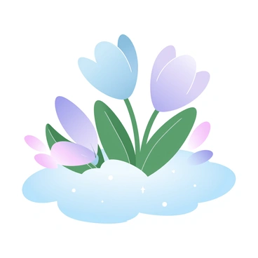 A cluster of "crocus flowers" is emerging from a "light blanket of fresh snow" on the ground, showcasing their vibrant colors. The snow is glistening under soft daylight, and the "delicate petals" of the crocus are partially covered by the snow, creating a contrast between the bright flowers and the white snow. The surrounding area is a blend of pale greens and browns, indicating the awakening of early spring. The scene conveys a sense of renewal and the transition from winter to spring.