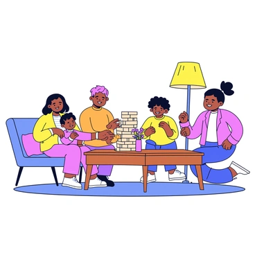 A family gathered around a rectangular coffee table in a warm living room. The table has a wooden texture and is adorned with a small vase containing fresh flowers. The family members, including two adults and two children, are engaged in a game of Jenga. The Jenga tower, made of light-colored wooden blocks, is positioned in the center of the table. The adults are laughing and watching intently as one of the children carefully removes a block from the tower. Soft cushions are placed on the floor, and a plush rug is underneath. The warm light from a floor lamp creates a cozy atmosphere in the room.