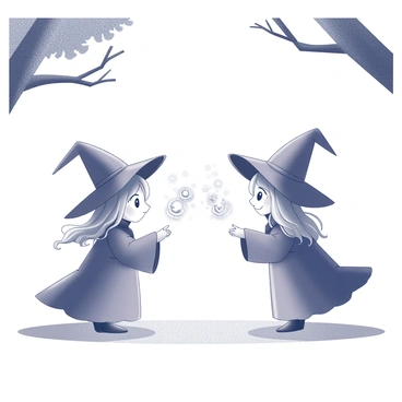 A small witch with a playful expression is facing her friend in a duel. She is wearing a pointed hat and a long cloak, with her hair cascading down her shoulders. Her friend, also dressed in a similar whimsical outfit, stands opposite her, both ready to cast spells. Magical energy swirls around them, depicted as intricate patterns and shapes in the air. The setting is an enchanting clearing in a forest, with trees framing the scene, their branches partially obscuring the sky. Both characters are in dynamic poses, showcasing their excitement and concentration during the duel.
