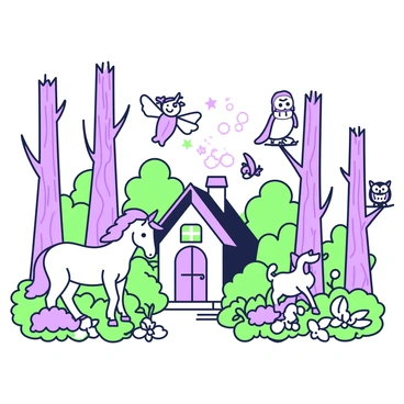 A line drawing of a magical forest with a little house and mythical creatures