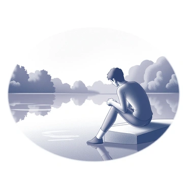 A figure is positioned at the edge of a calm lake. They are sitting on a smooth stone, looking out over the water's surface. The figure is turned slightly to the side, with their hands resting on their knees. The water reflects the surrounding trees and sky, creating a mirrored effect. Gentle ripples occasionally disturb the water, adding texture to the reflection. The atmosphere conveys a sense of tranquility as the figure remains absorbed in thought.