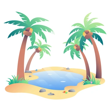 A tranquil desert oasis with palm trees and crystal-clear water, drawn by Steve Ash