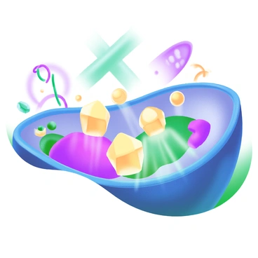 A close-up view of a cell's interior, showcasing several "ATP molecules" represented as "glowing crystals." The crystals emit a soft light, illuminating their surroundings. Various cellular structures, such as "mitochondria" and "the endoplasmic reticulum," are visible in the background. The cell membrane is semi-transparent, allowing the glowing crystals to stand out prominently against the other cell components.