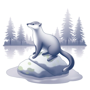 A pine marten is perched on a smooth rock. Its body is relaxed, with its tail curled around its side. The surrounding environment features a tranquil forest lake, with a gentle ripple on the surface reflecting the nearby trees. The rock itself is partially covered in moss, suggesting a natural setting. In the background, clusters of tall trees form a dense woodland, with some branches reaching toward the water's edge. The scene conveys a sense of calm in nature.