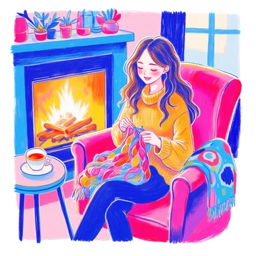 A woman with long brown hair is sitting comfortably in a cozy chair by the fireplace. She is wearing a warm sweater and has a joyful expression on her face. In her lap, there is a tangle of colorful yarn in shades of red, blue, and yellow. She is focused on knitting a vibrant scarf with her needles. The fireplace glows warmly, casting a soft light around the room. A patterned throw blanket is draped over the arm of the chair, and a small table next to her holds a steaming cup of tea.