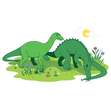 A group of green iguanodons stands in a lush grassy meadow, their bodies marked by distinct thumb spikes. Some iguanodons are playfully interacting, with one gently nudging another with its snout, while a third iguanodon is grazing on the vibrant green grass. The sun shines down, casting soft shadows on the ground. Wildflowers in various colors dot the meadow, adding bursts of color around the iguanodons as they enjoy each other's company.
