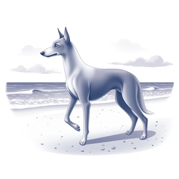 A borzoi standing on a sandy beach. Its long, slender legs are partially buried in the sand, with soft grains clinging to its paws. The dog has an elegant, elongated head with a long snout and expressive eyes focused on the distant waves. The sea is visible in the background, with gentle waves rolling towards the shore. The sky above is clear with a few scattered clouds, providing a serene atmosphere. The borzoi's silky coat is slightly ruffled by the breeze, enhancing its graceful posture as it gazes at the ocean.
