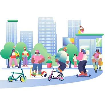 A futuristic urban hub is bustling with activity. In the foreground, a diverse group of people is riding colorful e-scooters, some wearing helmets and others dressed in casual attire. Nearby, a line of sleek, modern shared bikes is parked, each bike featuring a unique design and bright colors. The background showcases towering skyscrapers with reflective glass windows and green terraces, while digital billboards display vibrant advertisements. A wide paved pathway winds through the hub, lined with trees and benches, where people are chatting and enjoying the urban atmosphere.