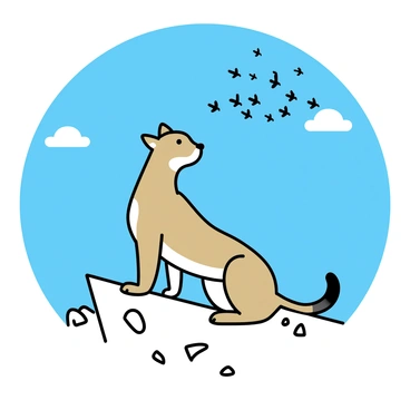 A brown cougar with a sleek body is crouched on a rocky outcrop. Its eyes are focused intently on a flock of small, black birds flying in a V formation overhead. The sky above is clear with a few wispy clouds, creating a contrast with the vivid blue backdrop. The cougar's ears are perked up, and its tail is slightly raised, indicating its alert posture as it watches the birds soar above. The surrounding landscape includes sparse vegetation and scattered boulders, highlighting the cougar's position in its natural habitat.