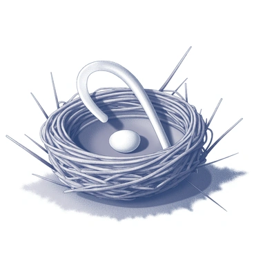 A bird's nest made of twigs and grass, showcasing intricate weaving and textures. Inside the nest, there is a "wishbone" positioned carefully among the materials, drawing attention to its shape. The nest is resting on a natural surface, surrounded by subtle hints of foliage or grass, suggesting a peaceful outdoor setting. The overall composition captures a sense of delicacy and attention to the details of nature.