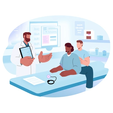 A doctor is standing next to a patient seated on an examination table. The doctor is wearing a white lab coat and holding a digital tablet, displaying a detailed treatment plan. The patient is attentively looking at the tablet, wearing a casual shirt and sitting with hands placed on their lap. There are medical charts and a stethoscope on a nearby counter. The room is filled with medical equipment, and a poster about healthy living is visible on the wall.