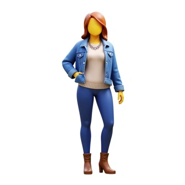 A 3D icon representing a model wearing a layered outfit. The outfit consists of various textures, including a soft wool sweater, a silk blouse, and a denim jacket. The model is posed confidently, showcasing the unique combination of textures. The layers create depth and visual interest, with contrasting colors and patterns. The overall look is completed with stylish accessories, such as a statement necklace and trendy boots.