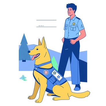 A yellow rescue dog wearing a blue vest adorned with various badges is sitting proudly beside its handler. The handler, dressed in a matching uniform, stands confidently next to the dog, showing a supportive demeanor. The dog's ears are perked up, and its tail is wagging slightly, reflecting its happy and proud demeanor. The scene is set outdoors, with a few trees softly blurred in the background, highlighting the bond between the dog and its handler.