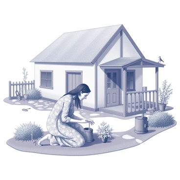 A woman is tending to her garden, surrounded by various plants and flowers. She is wearing a long floral kaftan that flows gently as she moves. The cottage is in the background, featuring a quaint design with a thatched roof and a wooden door. The scene includes a variety of gardening tools scattered nearby, along with a watering can resting on the ground. The woman is kneeling on a path made of stones, examining a cluster of blooming flowers. A small bird can be seen perched on a fence, observing her activity.