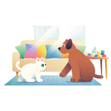 A fluffy white cat with green eyes and a sleek, brown dog with floppy ears are standing facing each other in a living room. The cat is crouched low, tail twitching with anticipation, while the dog is slightly crouched, ears perked up and eyes focused. The living room features a soft beige sofa with colorful throw pillows, a wooden coffee table with a scattered array of toys, and a patterned rug on the floor. There is natural light streaming through a window, casting gentle shadows across the room, creating an atmosphere of playful tension.