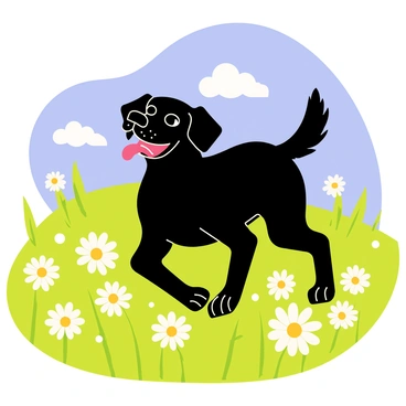 A black Labrador with shiny fur is playfully running through a vibrant green field filled with white daisies. The dog's ears are flapping in the wind as it bounds joyfully, its tongue hanging out with excitement. Bright yellow centers of the daisies contrast with the white petals, creating a cheerful atmosphere. A blue sky with a few fluffy white clouds can be seen overhead, enhancing the lively scene.