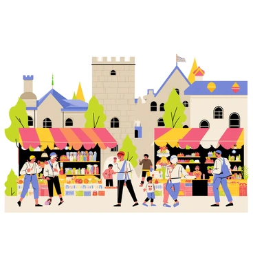 A bustling medieval market scene filled with various vendors selling colorful goods. Stalls are adorned with bright fabrics, displaying an array of fruits, vegetables, and handcrafted items. Townsfolk in traditional medieval attire are milling about, some engaging in lively conversations while others are inspecting wares. A vendor is showcasing shining metalwares, while another stall is piled high with vibrant flowers. In the background, a large stone building looms, adding to the historical ambiance of the market. Children are playing near the stalls, adding to the lively atmosphere of the scene.