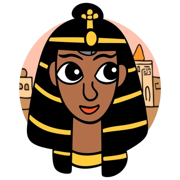 Close-up of Cleopatra's face with big eyes and a captivating gaze. She has an olive skin tone, dark hair styled in intricate braids adorned with golden jewelry. Her makeup includes bold eyeliner and rich red lips. The expression on her face is both intriguing and regal, exuding an air of confidence and allure. Her background features soft, blurred hints of ancient Egyptian architecture.