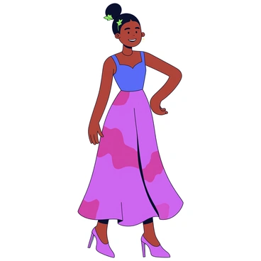 A fashion model is wearing a dress that showcases vibrant beet colors, primarily rich shades of deep purple and dark red. The dress has a fitted bodice with an elegant neckline and a flowing skirt that cascades down gracefully. The skirt features a subtle print that resembles the natural patterns found in beetroot. The model is posing confidently, with one hand on her hip, and her hair is styled in a playful, loose bun adorned with small, leafy green accents that complement the dress.