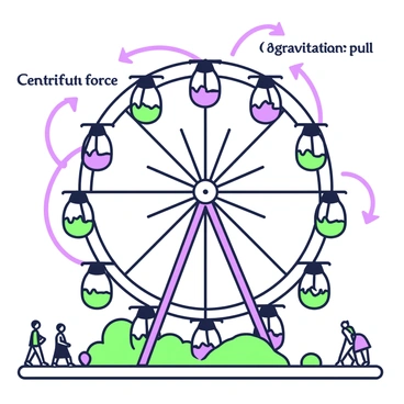 A Ferris wheel is shown in motion, with colorful gondolas attached to its rim. The wheel is large and towering against a clear sky. Arrows are illustrated around the Ferris wheel to indicate "centrifugal force," pointing outward from the wheel, and "gravitational pull," pointing downward toward the ground. Below the Ferris wheel, there is a path where small figures are walking, observing the attraction. The entire scene features dynamic lines that suggest movement and energy.