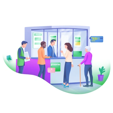 A scene depicting a line of diverse individuals waiting to pay their bills at a bank counter. The individuals include a man in a blue suit holding a document, a woman with curly hair carrying a small purse, and an elderly person using a cane. The bank counter is equipped with transparent glass partitions and has a digital display showing the current queue number. Behind the counter, a bank teller is assisting a customer, and there are posters on the walls advertising financial services. The floor has a modern tile pattern, and there are potted plants placed near the entrance.