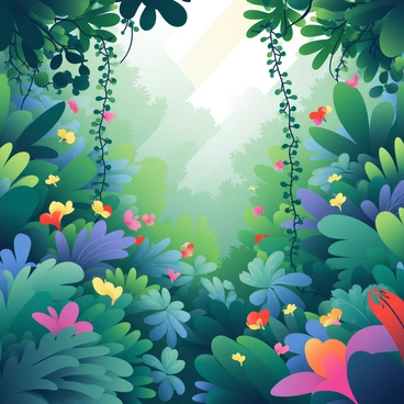A view from above showcases a dense rainforest canopy teeming with diverse plant life. Various shades of green dominate the landscape, with large leaves from tropical trees creating a lush texture. There are vibrant splashes of color from blooming flowers in shades of red, yellow, and purple interspersed throughout the foliage. Vines hang down from branches, and clusters of palms with feathery fronds add to the complexity of the scene. Sunlight filters through gaps in the canopy, casting dappled shadows on the multitude of plant species below.