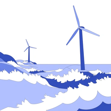 A landscape features large tidal turbines positioned in the ocean. The turbines stand tall, with their blades oriented to harness the tidal energy. Surrounding the turbines, waves crash vigorously, creating a dynamic interaction between the turbines and the water. The ocean exhibits a sense of movement and energy, with splashes of water cascading around the bases of the turbines. In the distance, the horizon meets the sky, emphasizing the vastness of the scene.
