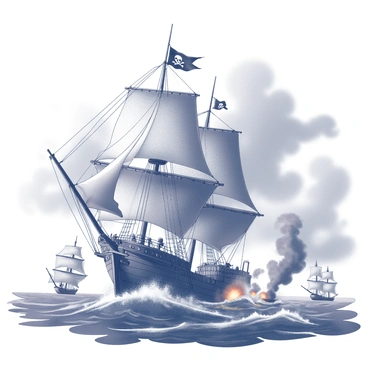 A large pirate ship with billowing sails is depicted in the midst of a fierce battle on the high seas. The ship is adorned with a skull and crossbones flag flying high above the mast. Cannons are firing, with smoke billowing from the gunports, creating a dynamic scene. Waves are crashing around the ship, adding intensity to the environment. Other ships can be seen in the distance, engaged in the same conflict, with their sails taut against the wind. The sky is filled with dark, swirling clouds, suggesting an impending storm.