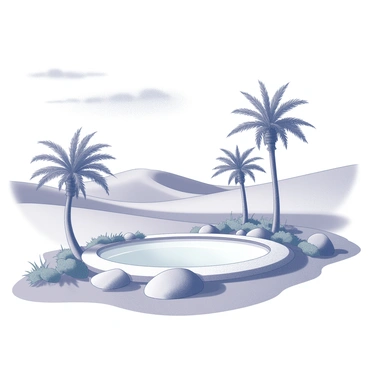 A desert landscape with rolling sand dunes in the background. In the foreground, there is a small oasis featuring several tall palm trees, their fronds gently swaying. A clear water pool sits at the center, reflecting the sunlight. Surrounding the pool, there are smooth stones and patches of green vegetation enhancing the scene's natural beauty. The sky above is expansive, with a few wispy clouds scattered throughout.