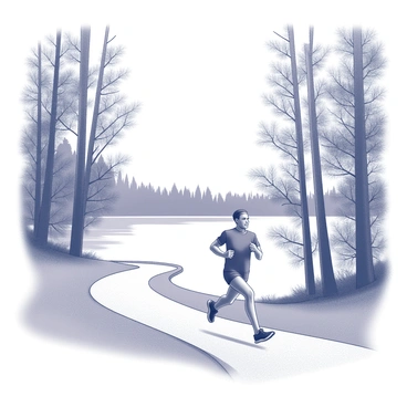 A man is jogging along a winding path. The path is flanked by tall trees with dense foliage, creating a natural tunnel effect. In the background, there is a large lake that appears calm and serene. The surface of the water reflects the trees and the sky above. The jogger is wearing athletic clothing and appears focused on his run, with one foot lifting off the ground while the other makes contact with the path. The scene conveys an active outdoor atmosphere.