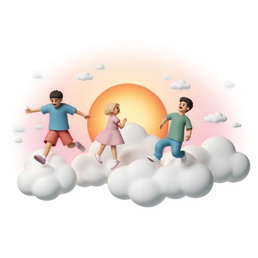 A group of three children, two boys and one girl, are racing on fluffy white clouds high in the sky. The first boy, wearing a blue t-shirt and red shorts, is laughing as he runs ahead. The second boy, in a green t-shirt and blue jeans, is trying to catch up, his arms outstretched. The girl, with blonde pigtails, is wearing a pink dress and is playfully jumping between the clouds. In the background, the sun is setting, casting a warm golden glow across the sky, with vibrant shades of orange and pink illuminating the scene. Soft, wispy clouds surround the children as they enjoy their lively race.