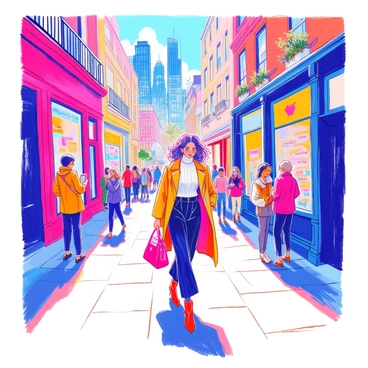 A fashionable person is walking down a bustling city street. They are wearing a stylish, tailored blazer over a fitted turtleneck and high-waisted trousers. Their shoes are sleek ankle boots, and they carry a designer handbag. The street is filled with people and colorful storefronts. In the background, modern skyscrapers rise against the sky. People are engaged in various activities, some chatting and others looking at their phones. The atmosphere is lively and energetic.