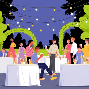 A beautifully lit outdoor evening reception features string lights hanging above the area, casting a warm glow. Tables are elegantly set with white tablecloths and centerpieces made of colorful flowers. Guests are mingling, some are holding drinks, while others are seated, chatting and enjoying the celebration. In the background, a decorated archway can be seen, adorned with greenery and fairy lights. The scene captures a joyful atmosphere with laughter and smiles among the guests, all under a deep blue evening sky.