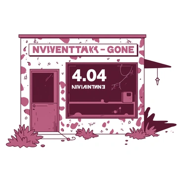 An old, abandoned shop with a sign in the window reading '404: Inventory Gone'