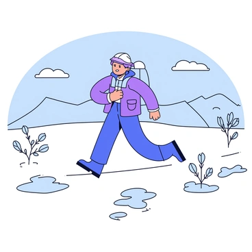 An explorer is trekking through a cold tundra landscape. The ground is covered with a thin layer of snow, and patches of ice glisten in the sunlight. Around the explorer are small shrubs with sparse leaves, struggling to survive in the harsh environment. The explorer is wearing a heavy, insulated coat and sturdy boots, and is carrying a backpack. The sky is clear with a few fluffy clouds, and the distant mountains are capped with snow.