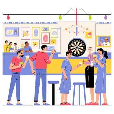 A sports bar with colorful posters on the walls and a lively atmosphere. Several people are gathered around a dartboard, concentrating as they take turns throwing darts. A man wearing a red shirt is in mid-throw, his arm extended towards the dartboard. A woman in a blue dress stands nearby, cheering him on while holding a drink. Several tables with patrons chatting and watching sports on TV are visible in the background. The bar is filled with bright lights and laughter, creating an energetic scene.
