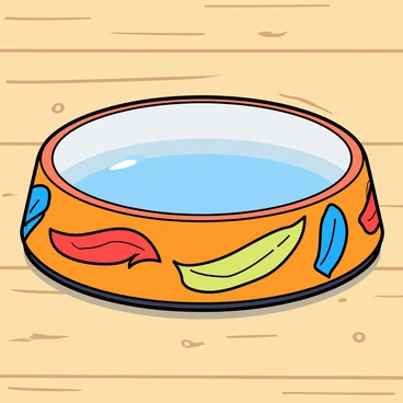 A round dog bowl placed on a light wooden surface. The bowl has a glossy finish and features a vibrant design with various colorful feathers in shades of blue, red, yellow, and green. The feathers are scattered playfully around the bowl's exterior, creating a lively pattern. Inside the bowl, there is a small amount of fresh water reflecting the light, and a few glistening droplets cling to the rim.