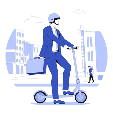 A professional in business attire commuting to work on an electric scooter