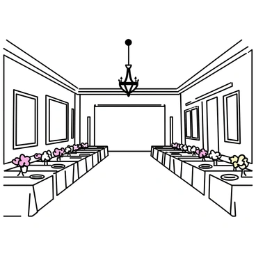 A large opulent ballroom with high ceilings. In the center, there is a grand chandelier made of crystal. It casts light across the room. Several long tables are arranged with lavish table settings, featuring intricate patterns on white tablecloths. Each table has multiple plates, silverware, and elegant centerpieces composed of flowers. The walls are adorned with ornate moldings and large mirrors that reflect the chandelier's light, enhancing the luxurious atmosphere.