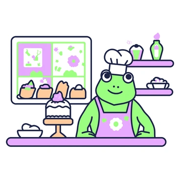 A frog baker stands proudly behind a small wooden counter in a tiny bakery. The frog is wearing a white chef's hat and an apron decorated with various baked goods. In front of the frog, there is a freshly baked cake on a decorative wooden cake stand, showcasing colorful frosting and delicate decorations. The interior of the bakery features shelves lined with pastries, bread, and jars filled with colorful candies. On the walls, there are pictures of cakes and baking tools. A small window displays a sunny outdoor scene with flowers and butterflies.