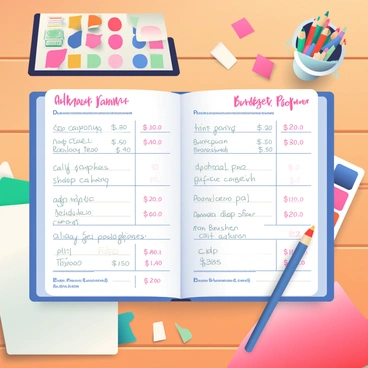 A budget planner designed for artists is opened on a wooden table. The planner is filled with handwritten entries detailing expenses for various art supplies. Each entry includes items such as "acrylic paint," "brushes," and "canvas," along with corresponding prices written in neat, clear lettering. There is a colorful assortment of art supplies scattered around the planner, including tubes of paint, paintbrushes, and a sketchbook. A cup containing various drawing pencils sits nearby, and a few small swatches of color are placed next to the planner, showcasing the artist's creative palette. The lighting is warm and inviting, highlighting the details of the planner and supplies.